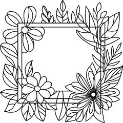 flower and leaf, botanical frame decoration, in continuous line drawing minimalist style.