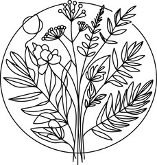 flower frame decoration, in continuous line drawing minimalist style.