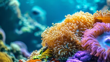 Wall Mural - Vivid coral reef in ocean waters. Concept of marine life, underwater biodiversity, tropical ecosystem, and natural aquarium. Close up