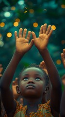 Poster - A group of children with their hands up in the air. Generative AI.