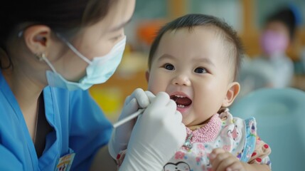 Wall Mural - A woman is brushing the teeth of a baby. Dentist checkup. Generative AI.