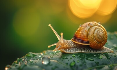 Poster - A snail is sitting on a leaf with water droplets. Generative AI.