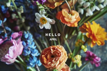 Poster - HELLO APRIL image with flowers background Generative AI