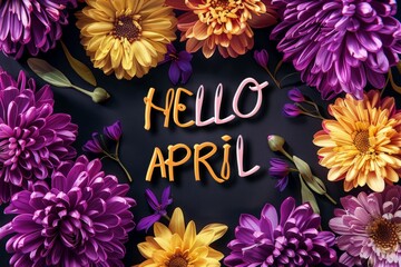 Poster - wallpaper the words hello april in yellow and purple flowers Generative AI