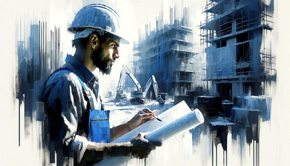 illustration in a painterly style, blue tones with orange highlights, splotches and strokes workers 