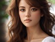 © Chathura - 'Luminous Sanctuary: AI-Enhanced Close-up, High-Quality Portrait of Beautiful Woman with Brown Hair and White Top, Vibrant Watercolors Illuminate Elegance and Grace'