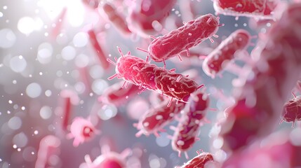 Bacteria under the microscope. Escherichia. E. coli. Isolated on white background with blurred particles. Close up. 3D rendering
