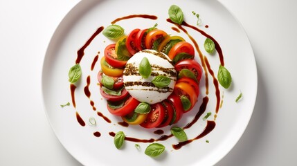 Wall Mural - White round plate showcasing tomato, bufala mozzarella, roasted pepper, balsamic, oil, basil, and pesto, against a white backdrop, viewed from above