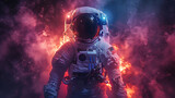 Fototapeta Kosmos - astronaut on colored and fog background, concept of poster,space mission