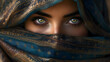 Arabic woman. Close-up portrait of a mysterious Arabic woman with striking eyes, veiled in a beautifully patterned scarf, exuding elegance and depth.