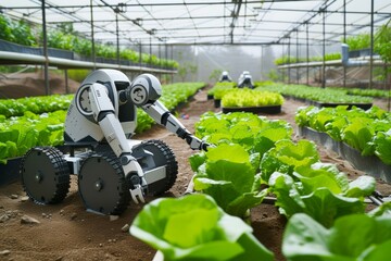 Wall Mural - Modern greenhouse with robots. Background with selective focus and copy space