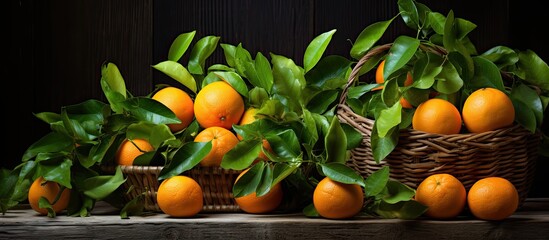 Canvas Print - A basket filled with vibrant oranges is placed on top of a wooden table. The oranges are fresh and ripe, with green foliage peeking out from the sides of the basket.