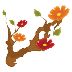 Sticker - Colored sketch of a tree trunk with flowers Vector illustration