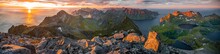 Mountain Panorama, Sunset With Dramatic Clouds, View From The Top Of Hermannsdalstinden, Fjords, Lakes And Mountains, Moskenesoya, Lofoten, Nordland, Norway, Europe