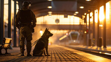 Police Dog On Duty Patrol In A Train Station