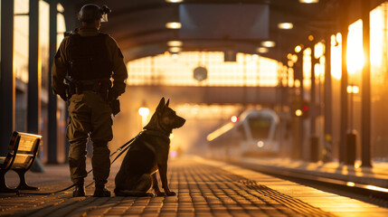 Wall Mural - Police dog on duty patrol in a train station