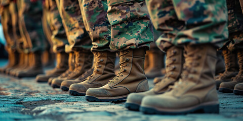 Wall Mural - Military boots on the legs of soldiers in a row