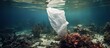 A white plastic bag floats on the surface of a coral reef, representing environmental pollution. The coral reef ecosystem is under threat as marine life may mistake the bag for food, leading to