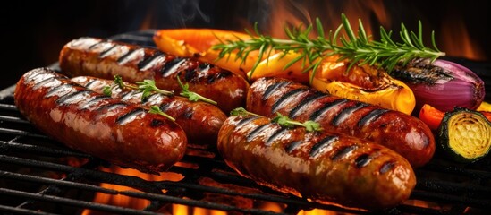 Poster - A bunch of sausages are being cooked on a grill, with flames licking the grill bars and the savory smell wafting through the air. The sausages are browning and sizzling, creating a delicious aroma