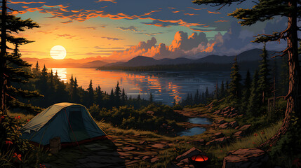 camping in the nature anime style