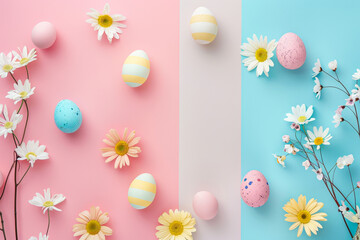 Wall Mural - A colorful arrangement of eggs and flowers on a blue and pink background