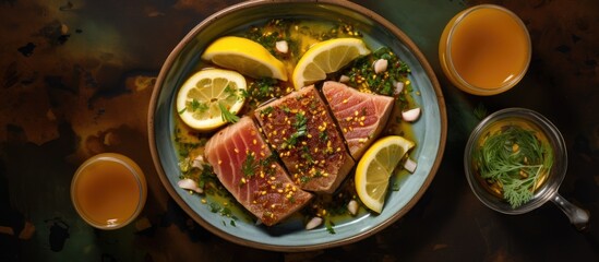 Poster - A plate of fresh fish is elegantly presented with wedges of lemon and decorative garnishes. The dish showcases the vibrant colors and textures of the seafood, citrus, and accompanying ingredients.