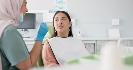 Poster - Woman, dentist and consulting with patient for dental care, teeth cleaning or treatment at the clinic. Young female person or muslim orthodontist talking to customer for oral, gum or tooth whitening