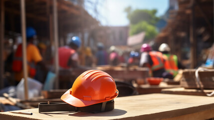 Wall Mural - Red Hard Hat on Construction Site with Workers in Background. Safety First and Industrial Work Safety Concept