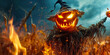 Scary scarecrow with burning pumpkin head on night