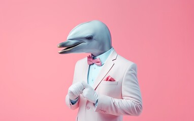 Fototapete - Dolphin in suit businessman fashion on bright pastel background. advertisement. presentation. commercial. editorial. copy text space.