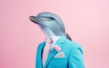 Fototapete - Dolphin in suit businessman fashion on bright pastel background. advertisement. presentation. commercial. editorial. copy text space.