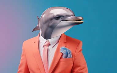 Fototapete - Dolphin in suit businessman fashion on bright pastel background. advertisement. presentation. commercial. editorial. copy text space.