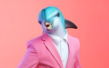 Fototapete - Dolphin in suit businessman fashion on bright pastel background. advertisement. presentation. commercial. editorial. copy text space.