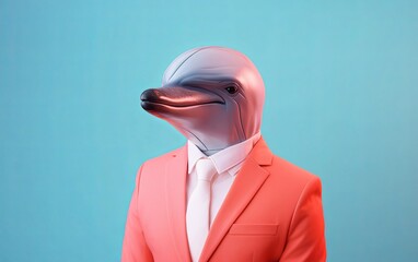 Fototapete - Dolphin in suit businessman fashion on bright pastel background. advertisement. presentation. commercial. editorial. copy text space.