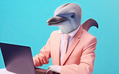 Fototapete - Dolphin in suit using a laptop while working on bright pastel background. advertisement. presentation. commercial. editorial. copy text space.