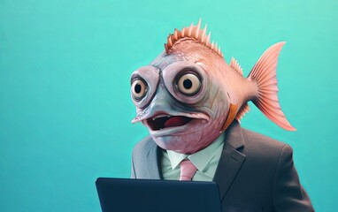 Fototapete - Fish in suit holding a laptop while working on bright pastel background. advertisement. presentation. commercial. editorial. copy text space.