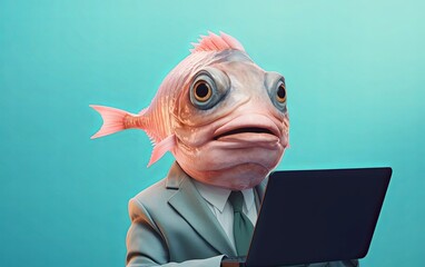 Fototapete - Fish in suit holding a laptop while working on bright pastel background. advertisement. presentation. commercial. editorial. copy text space.