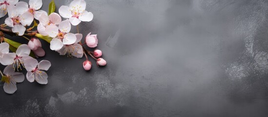 Poster - A variety of colorful spring flowers neatly arranged in a bunch on a table with a gray background. The flowers are vibrant and in full bloom, adding a pop of color to the setting.