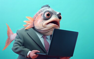 Fototapete - Fish in suit holding a laptop while working on bright pastel background. advertisement. presentation. commercial. editorial. copy text space.