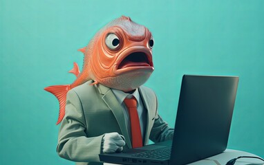 Fototapete - Fish in suit holding a laptop while working on bright pastel background. advertisement. presentation. commercial. editorial. copy text space.