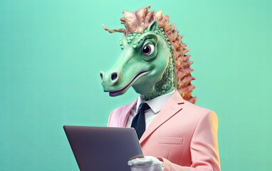 Fototapete - Seahorse in suit holding a tablet while working on bright pastel background. advertisement. presentation. commercial. editorial. copy text space.