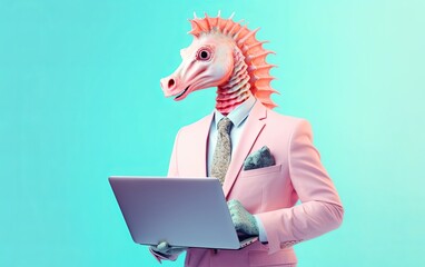 Fototapete - Seahorse in suit holding a laptop while working on bright pastel background. advertisement. presentation. commercial. editorial. copy text space.