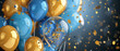 Festive balloons with golden confetti against dark blue gradient background. Generative AI.
