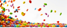 Assorted colorful candies falling with motion blur against white background. Generative AI.
