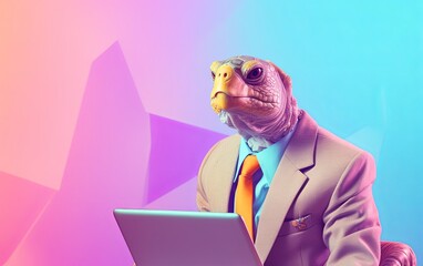 Fototapete - Turtle tortoise in suit using a laptop while working on bright pastel background. advertisement. presentation. commercial. editorial. copy text space.