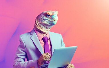 Fototapete - Turtle tortoise in suit using a laptop while working on bright pastel background. advertisement. presentation. commercial. editorial. copy text space.