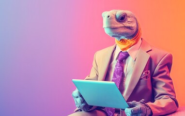 Fototapete - Turtle tortoise in suit holding a tablet while working on bright pastel background. advertisement. presentation. commercial. editorial. copy text space.