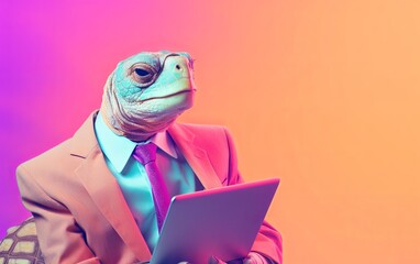 Fototapete - Turtle tortoise in suit holding a tablet while working on bright pastel background. advertisement. presentation. commercial. editorial. copy text space.