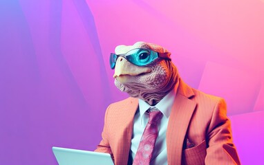 Fototapete - Turtle tortoise in suit holding a tablet while working on bright pastel background. advertisement. presentation. commercial. editorial. copy text space.
