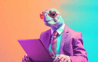 Fototapete - Turtle tortoise in suit using a laptop while working on bright pastel background. advertisement. presentation. commercial. editorial. copy text space.